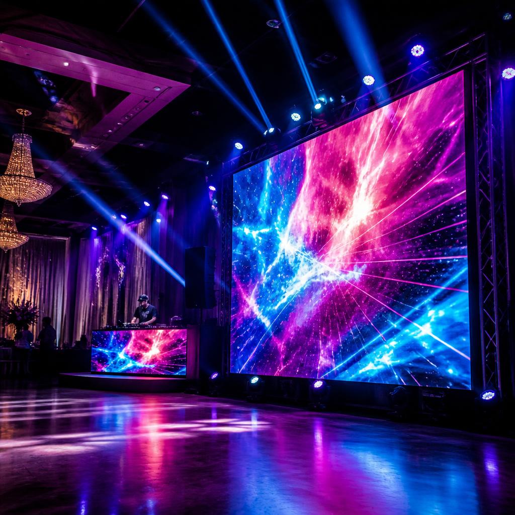 6.7x10 ft LED video wall displaying colorful visuals at a DJ event