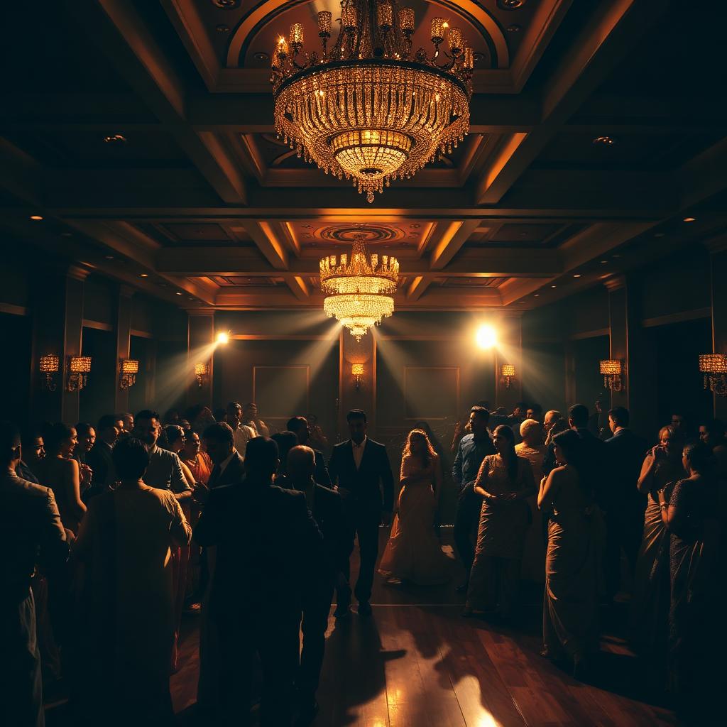 Wedding reception dance floor under gold lighting