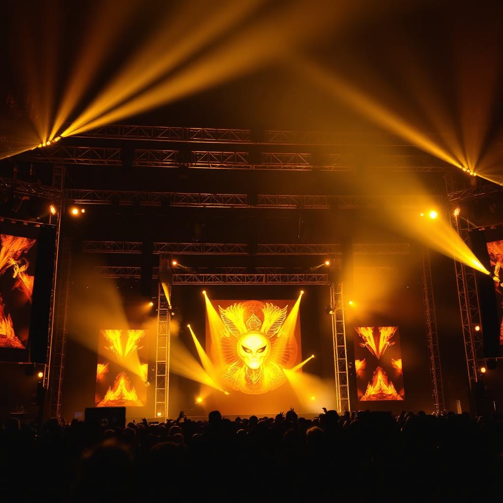 Festival stage lighting rig with gold beams